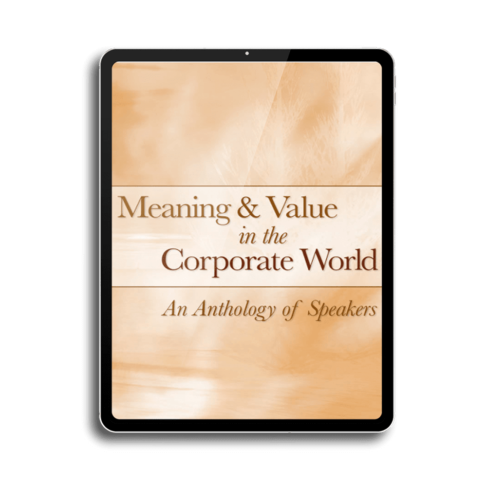 Ebook cover of "Meaning & Value in the Corporate World," featuring the title prominently, emphasizing themes of corporate leadership and employee wellbeing, displayed on a tablet.